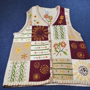White Stag Vintage Patchwork Floral Embroidered Beaded Knit Vest Oatmeal L 12/14